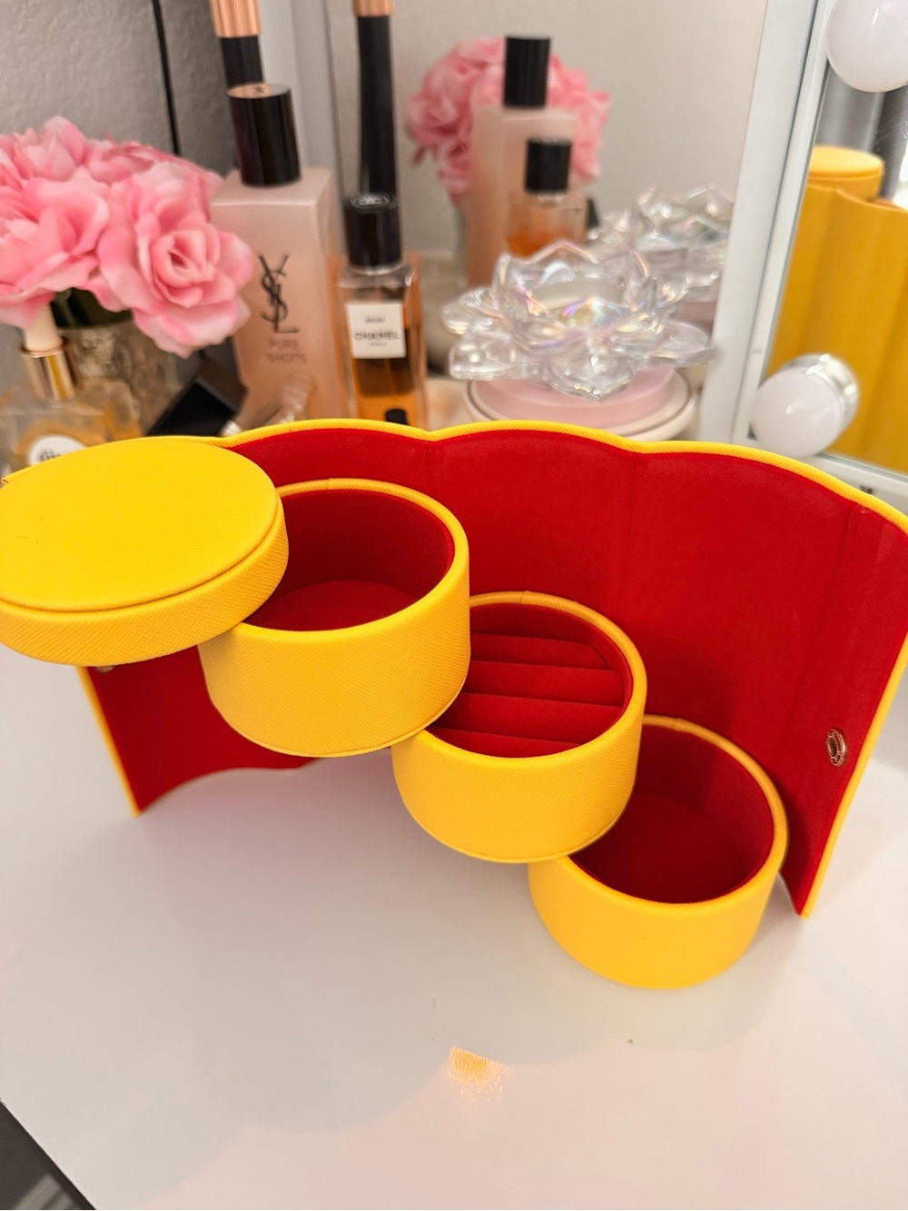 Yellow Travel Jewelry Case with Red Interior